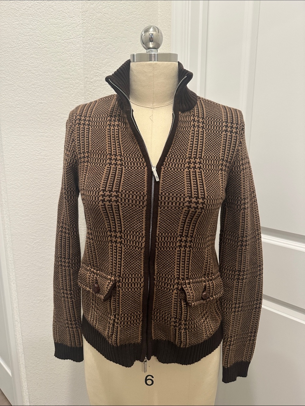 Ralph Lauren Brown Checked Zip-Up Knit Jacket 100% cotton vintage y2k 90s